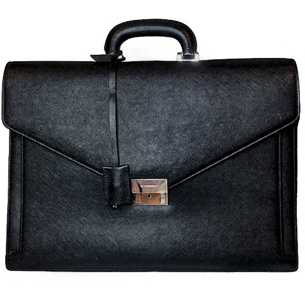 BURBERRY Black Saffiano Leather Briefcase Silver Lock Clochette Key Fully Lined